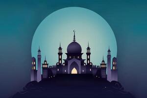 nuit vue de mosquée illustration sur sarcelle Contexte. eid mubarak concept. génératif ai photo