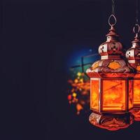 génératif ai illustration de éclairer arabe les lampes sur brillant bokeh Contexte et copie espace. eid mubarak concept. photo