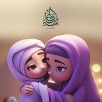 eid mubarak bannière conception avec adorable les filles personnage étreindre. génératif ai. photo