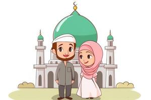 adorable dessin animé avatar de musulman Jeune couple et mosquée sur arrière-plan, eid mubarak concept. génératif ai photo