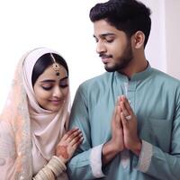 Indien musulman couple personnage portant traditionnel tenue, eid mubarak concept. génératif ai. photo