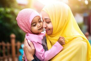 portrait de attrayant musulman femme dans hijab étreindre sa enfant, eid mubarak concept. génératif ai. photo