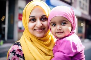 adorable Indien musulman femme avec une peu enfant dans hijab, flou Contexte. génératif ai. photo