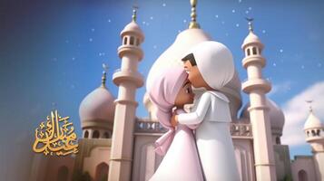 eid mubarak bannière conception avec adorable romantique musulman couple, mosquée illustration. génératif ai. photo