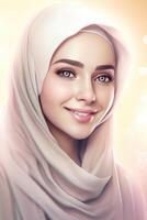 attrayant magnifique musulman Jeune fille personnage portant hijab foulards, génératif ai. photo