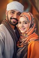 réaliste portrait de arabe couple portant traditionnel tenue, réel image, eid fête concept, génératif ai. photo