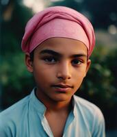 réaliste vue de Jeune musulman garçon portant crâne casquette et traditionnel kurta sur brouiller la nature Contexte. génératif ai illustration. photo