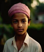 réaliste vue de Jeune musulman garçon portant crâne casquette et traditionnel kurta sur brouiller la nature Contexte. génératif ai illustration. photo