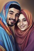 réaliste portrait de arabe couple portant traditionnel tenue, réel image, eid fête concept, génératif ai. photo