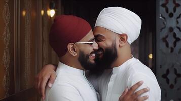 content deux musulman Hommes portant crâne casquette et traditionnel kurta dans étreindre pose à le chambre. génératif ai illustration. photo