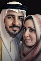 réaliste portrait de arabe couple portant traditionnel tenue, réel image, eid fête concept, génératif ai. photo