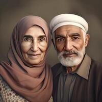 réaliste portrait de vieux musulman blond couple portant traditionnel tenue, génératif ai. photo