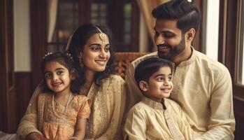 réaliste portrait de de bonne humeur Indien musulman famille portant traditionnel tenue pendant eid fête, génératif ai. photo