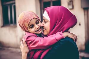 fermer portrait de musulman femme étreindre sa fille dans hijab, eid fête, génératif ai. photo