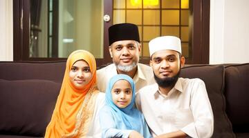 réaliste portrait de content musulman famille portant traditionnel tenue pendant eid fête, génératif ai. photo