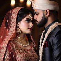 fermer de élégant Indien mariage couple personnage, génératif ai numérique illustration. photo