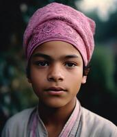 réaliste vue de Jeune musulman garçon portant crâne casquette et traditionnel kurta sur brouiller la nature Contexte. génératif ai illustration. photo