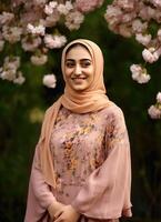 magnifique musulman Jeune fille portant hijab sur flou floral arrière-plan, eid Moubarak, génératif ai. photo