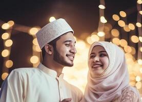 défocalisation vue de aimant Jeune islamique homme et femme sur bokeh brouiller Contexte. génératif ai illustration. photo