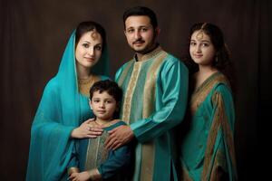 Indien musulman famille portant traditionnel tenue dans turquoise et d'or Couleur pendant eid fête, génératif ai. photo