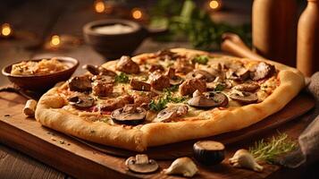 rôti poulet et champignon Pizza sur en bois table pour italien nourriture prêt à manger concept. nourriture la photographie, génératif ai. photo