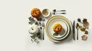 Haut vue de à manger table décoré avec citrouille, feuilles pour action de grâces ou l'automne concept. 3d rendre. photo