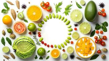 Haut vue de en bonne santé et nourriture Contexte de des fruits et vert, des légumes conservé sur blanc Contexte. photo