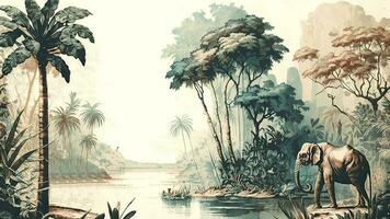 aquarelle style fond d'écran paysage sur un africain tropical jungle avec des arbres suivant à une rivière éléphants et des oiseaux. ai-génératif, numérique illustration. photo