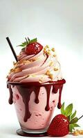 délicieux Chocolat et fraise smoothie ou Milk-shake dans une verre avec des fraises sur blanc Contexte. nourriture et breuvages concept. ai-génératif, numérique illustration. photo
