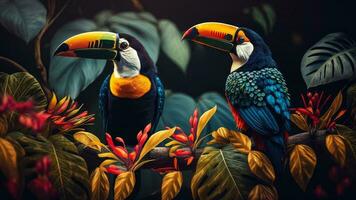 coloré paire de toucan toco des oiseaux séance sur branche entre feuilles tropical forêt tropicale , fleurs dans le arrière-plan, 3d le rendu incroyablement détaillé. photo