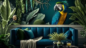 moderne intérieur vivant pièce avec bleu canapé, et d'or tissu fond d'écran ou Contexte. tropical pluie forêt, un bleu et Jaune ara perroquet séance sur branche derrière feuilles et fleurs et cambre. photo