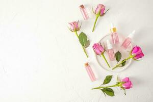 Rose pétrole et l'eau dans divers verre bouteilles sur une blanc plâtre plateau parmi vivre des roses. Naturel biologique produits de beauté pour personnel se soucier. une copie espace. photo