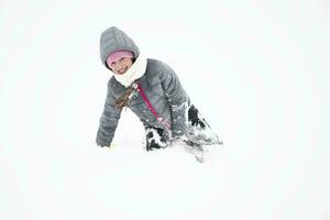 enfant dans l'hiver. de bonne humeur peu fille dans chaud vêtements dans le neige. photo