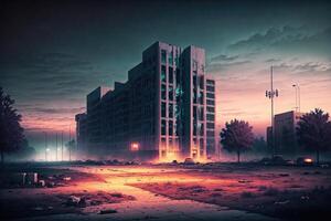 une effrayant Vue nocturne de un Publier zombi apocalyptique Université Campus entrée par ai généré photo