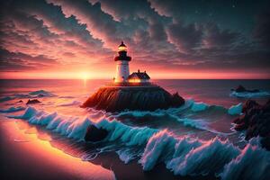 magnifique phare orné la nuit paysage marin avec une sombre ciel à le coucher du soleil par ai généré photo