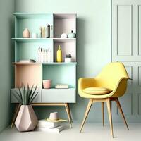 moderne contemporain luxe intérieur conception, une combinaison de pastel vert mur Couleur et en bois coloré étagère à livres, et confortable chaise. 3d le rendu de le étude pièce ou bibliothèque. photo