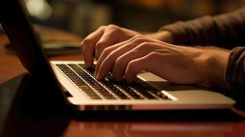 fermer de homme travail sur le sien portable ou carnet ordinateur à bureau dans Bureau ou maison. génératif ai. photo