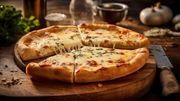 chaud envie fromage Pizza avec ail, sarriette et couteau sur rustique en bois table Haut. génératif ai. photo