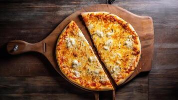 Haut vue image de Pizza margherita dans deux moitiés sur en bois couper planche pour italien nourriture concept. génératif ai. photo