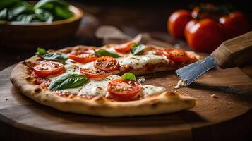 délicieux margherita Pizza et couteau sur en bois Coupe conseil, nourriture la photographie. génératif ai. photo