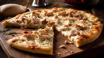 délicieux poulet Pizza avec Alfredo sauce surmonté sur en bois Coupe planche pour prêt à manger concept, nourriture la photographie. génératif ai. photo