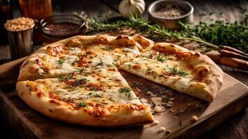 fraîchement cuit blanc Pizza sur en bois Coupe conseil, nourriture la photographie. modèle ou bannière pour restaurant. génératif ai. photo