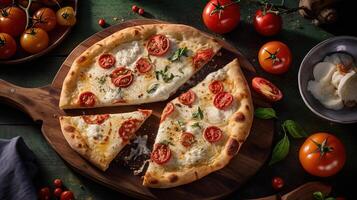 fraîchement cuit blanc Pizza avec végétarien sur en bois Coupe conseil, nourriture la photographie. modèle ou bannière pour restaurant. génératif ai. photo