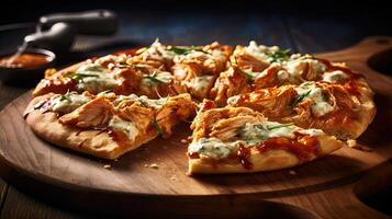 délicieux fait maison buffle poulet Pizza sur en bois Coupe planche pour vite nourriture concept, nourriture la photographie. modèle ou bannière pour restaurant. génératif ai. photo