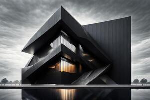 une futuriste bâtiment avec noir façade et tranchant bords par ai généré photo