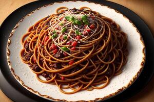 foncé assiette avec italien spaghetti sur foncé par ai généré photo