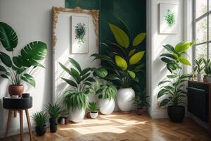 une grand La peinture pendaison sur une mur dans une pièce avec une plante dans il et une vase avec une plante dans il sur le sol suivant à le mur est une grand La peinture avec une marbre par ai généré photo