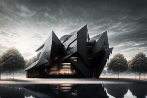 une futuriste bâtiment avec noir façade et tranchant bords par ai généré photo