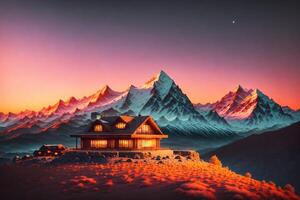 une maison dans le montagnes avec une maison sur le droite côté de le image par ai généré photo