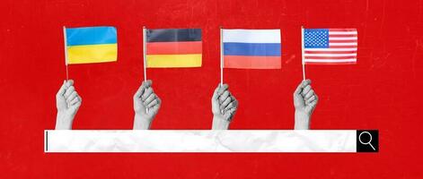 une collage de contemporain art. drapeaux de Ukraine, Allemagne, Amérique, et Russie sur l'Internet chercher Icônes. photo